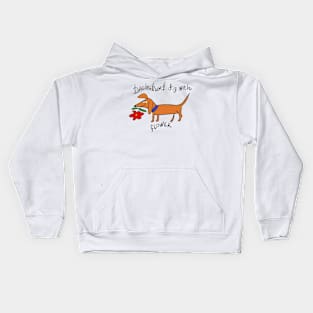 Dachshund dog with flower Kids Hoodie